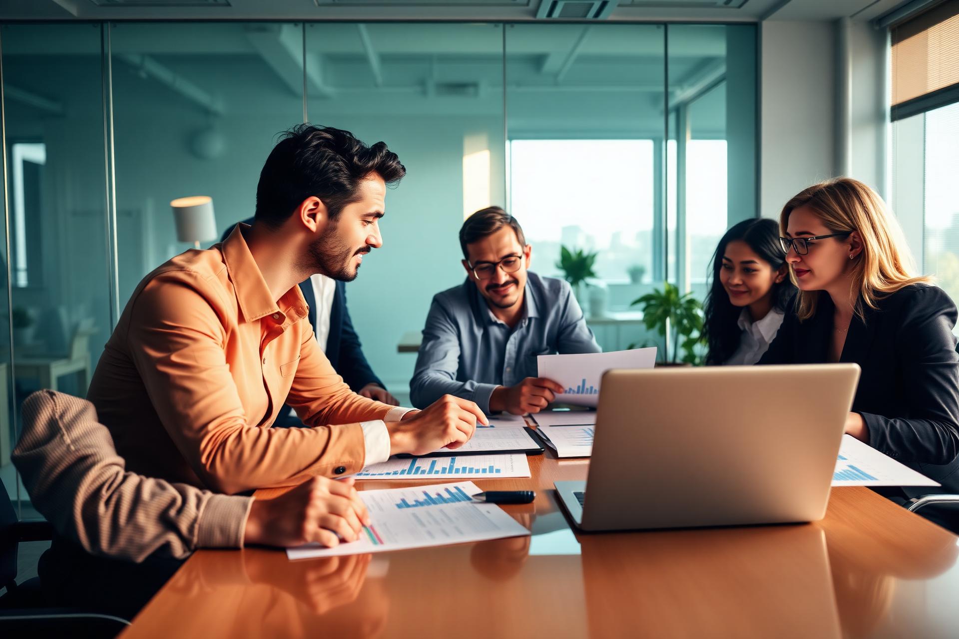 Equipo Nortia analizando información financiera junto a empresarios